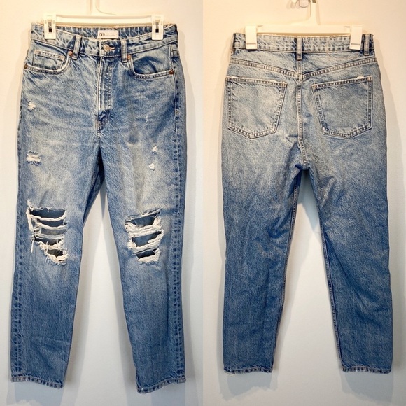 Zara Ripped Mom Jeans Size 6 Acid Wash Slightly Tapered Distressed High Rise - Picture 1 of 13